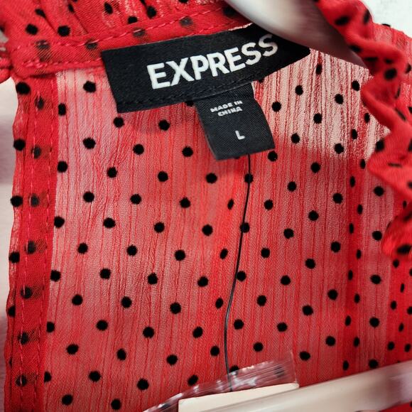Express Smocked Peplum Polka Dot Blouse Top Size L Red Puff Sleeve Rockabilly - Picture 10 of 12
